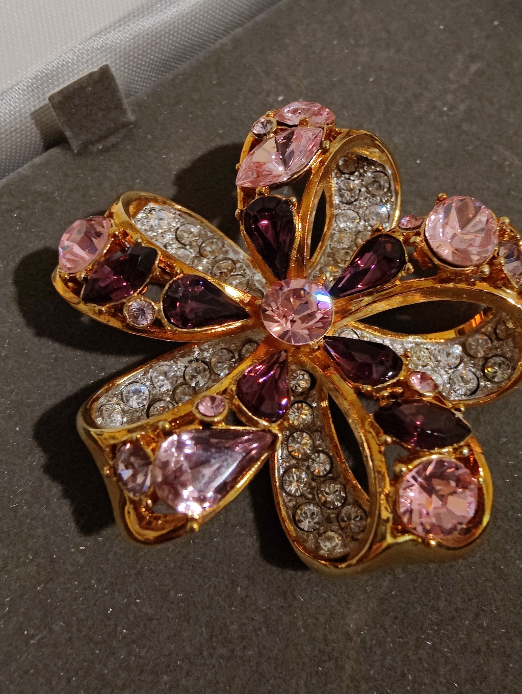 Nolan Miller Gold-Tone Floral Bow Brooch With Pink & Purple Crystals